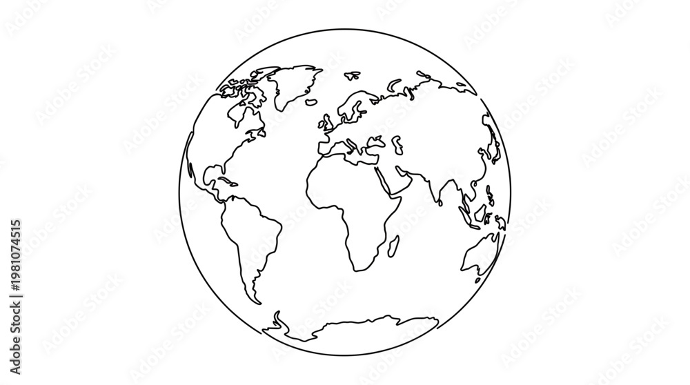 Obraz premium Minimalist continuous line art drawing of the earth globe showing world continents on white background, concept for global ecology, international business and environmental conservation