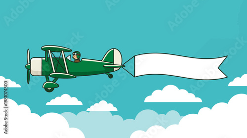Illustration of a marketing manager piloting a green vintage biplane with a long blank white banner in a cloudy sky, concept for brand identity, business promotion and advertising