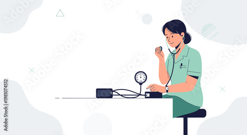 Nurse checks blood pressure with stethoscope and sphygmomanometer on desk