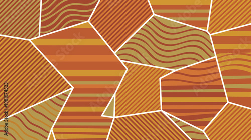 Abstract geometric mosaic background with terracotta and earthy tones featuring striped and wavy patterns in polygonal shapes, concept for interior design, textile print and decor backdrop