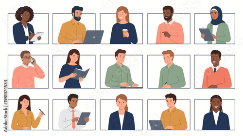 Set of diverse office managers and corporate executives working on laptops or taking notes in modern grid layout, concept for remote collaboration, virtual team meeting and business networking