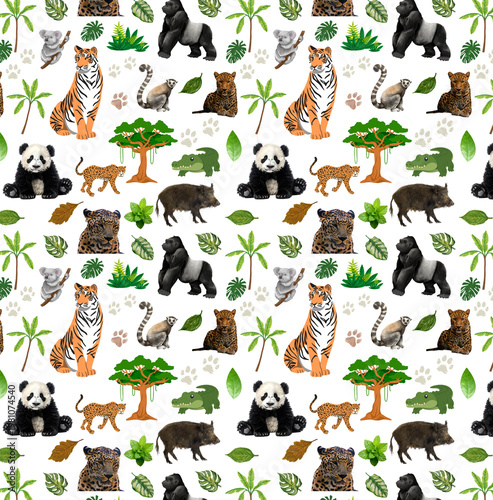 Photography Seamless pattern of animals and plants, lions, leopards, elephants, rabbits, and