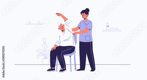 Physical therapist assisting elderly woman with stretching exercise in clinic