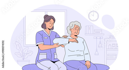 Physical therapist assisting elderly woman with arm rehabilitation in a clinic