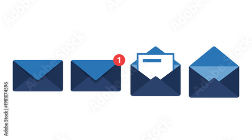 Four blue envelope icons showing email message states with notification badge and open letter on white background, concept for digital communication, marketing campaign and business support