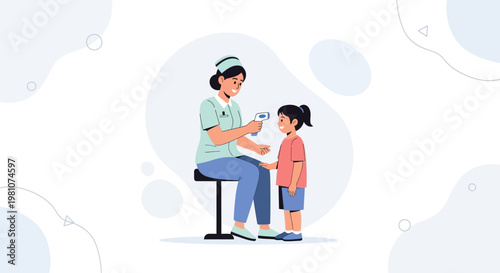Nurse checking child's temperature with infrared thermometer, medical checkup concept