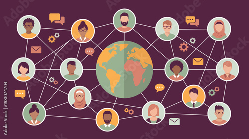 Global network of diverse business executives and managers connected around the world with earth icon, concept for global outsourcing, corporate networking and remote team collaboration