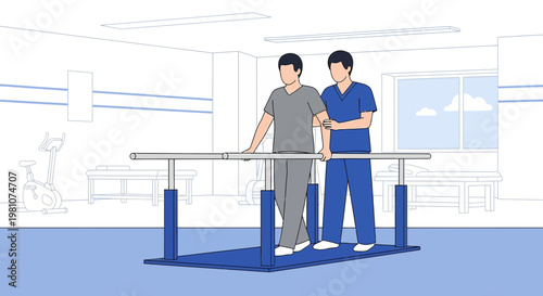 Physical therapist assisting patient walking on parallel bars for rehabilitation in a clinic