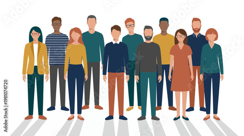 Professional executives and creative managers standing together in flat illustration style on white background, concept for human resources, corporate recruitment and workforce inclusion