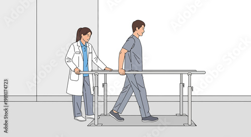 Physical therapist assisting patient walking on parallel bars for rehabilitation