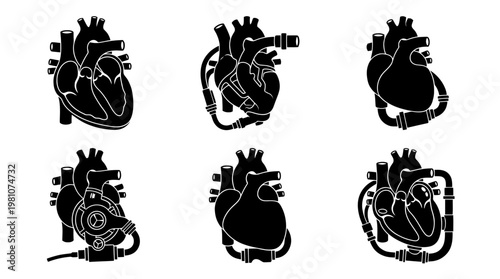 artificial heart silhouette vector set