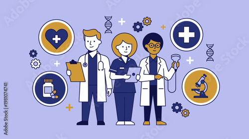 Diverse healthcare professionals team including general practitioner, nurse and sonographer with medical icons, concept for hospital website, clinic marketing and medical staff recruitment