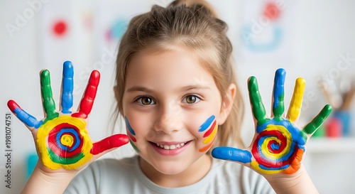 Joyful child with colorful painted hands and face smiling brightly.
