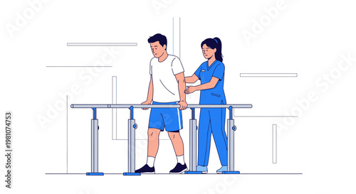 Physical therapist assisting patient walking with parallel bars in rehabilitation center