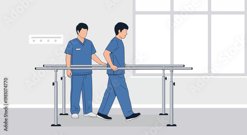 Physical therapist assisting patient walking with parallel bars for rehabilitation and recovery