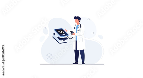 Doctor with pulse oximeter and vital signs monitor, medical checkup illustration