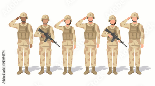 Group of diverse male and female soldiers in desert camouflage uniforms saluting and holding rifles on white background, concept for military recruitment, national defense and veterans day