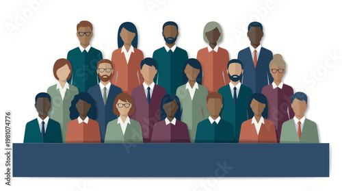 Diverse professional group of multiethnic managers and corporate directors standing behind a blank banner, concept for recruitment website, corporate profile and global business leadership