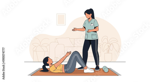 Physical therapist assisting patient with abdominal exercise on mat, home rehabilitation