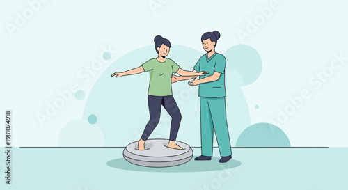 Physical therapist assisting patient with balance exercise on stability disc