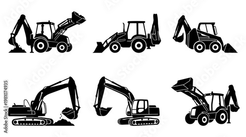 backhoe silhouette vector set