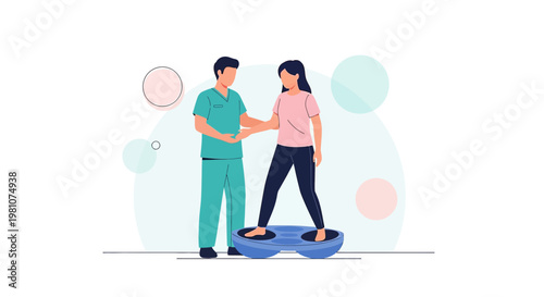 Physical therapist assisting patient with balance exercise on unstable platform, rehabilitation concept