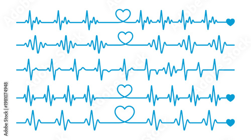 Collection of blue heartbeat pulse lines with heart icons on white background, concept for medical healthcare branding, cardiovascular wellness and cardiology clinic promotion