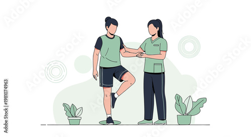 Physical therapist assisting patient with balance exercise, rehabilitation and recovery