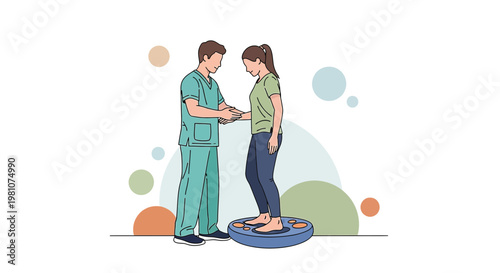 Physical therapist assisting patient with balance exercises on a wobble board
