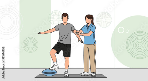 Physical therapist assisting patient with balance exercise on unstable surface