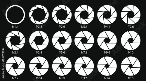 Collection of camera aperture diaphragm icons with various f-stop values on black background, concept for photography education, camera settings guide and optical gear infographics