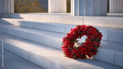 A single poppy wreath rests on white marble steps in a quiet outdoor memorial plaza at dawn, dew on red petals, long morning shadows across stone, perfect for Memorial Day, patriotic remembrance,