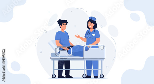 Nurse talking to patient in hospital bed, healthcare concept