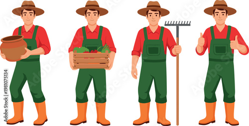 Farmer Character Icons Set with Gardening Tools, Harvest Basket, and Plant Care for Agricultural, Farm, and Rural Designs