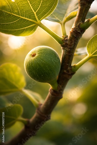 Single unripe green fig fruit hanging on a woody branch with large lobed leaves illuminated by warm golden afternoon sunlight in a garden setting