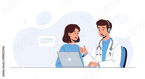 Doctor and patient in online consultation with laptop and headset, telemedicine concept