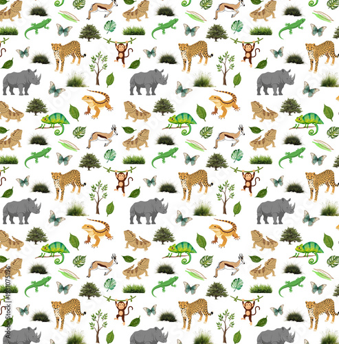 seamless pattern of animals and plants, lions, leopards, elephants, rabbits, and birds on white background