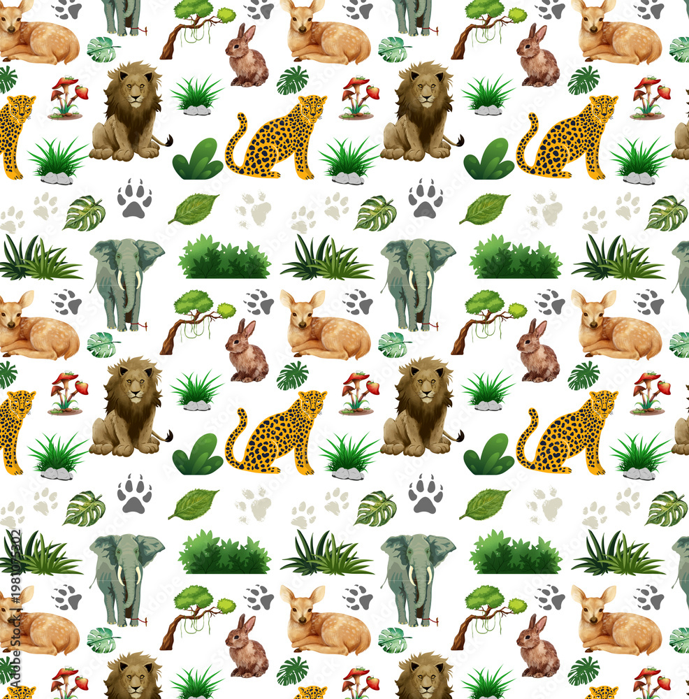 Obraz premium seamless pattern of animals and plants, lions, leopards, elephants, rabbits, and birds on a white background.
