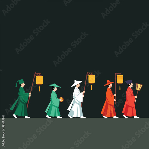 Procession of figures in traditional Asian robes carrying lanterns in the night