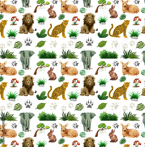 seamless pattern of animals and plants, lions, leopards, elephants, rabbits, and birds on a white background.