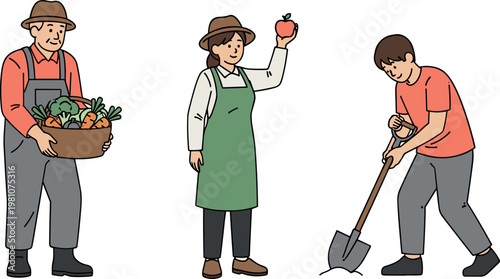 Farmers and Gardeners Character Icons Set with Vegetables, Fruits, and Digging Tools for Agricultural, Rural, and Farm Design Themes