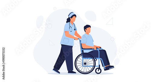 Nurse Pushing Patient in Wheelchair, Healthcare Assistance, Medical Care