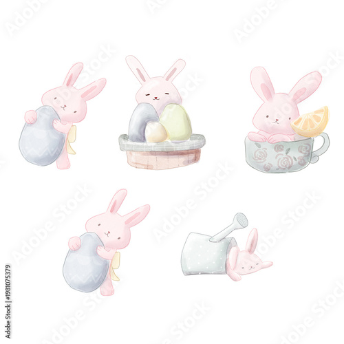 Watercolor Cute Pink Easter Bunny with Egg Decoration Illustration Set
