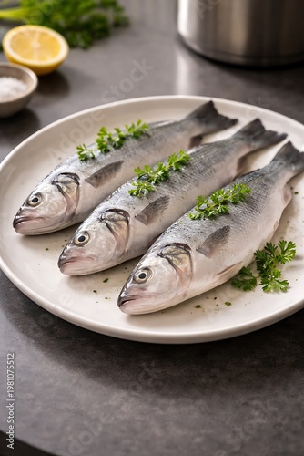 Three raw whole sea bass fish arranged on a white ceramic plate garnished with fresh green parsley leaves on a dark grey kitchen countertop with lemon and salt in the background