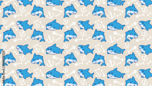 Blue sharks swim through playful ocean patterns. White anchors and bones complete the nautical theme. Bright, cartoonish style suits children or branding. Ideal for kids' products