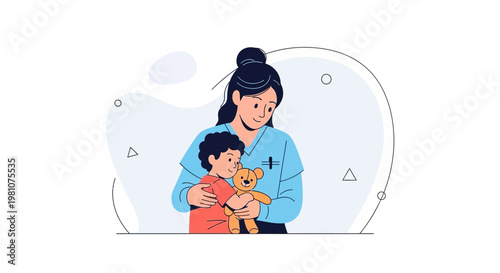 Caring nurse embraces child holding teddy bear, symbolizing healthcare and comfort
