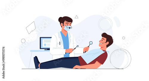 Dentist examining patient's teeth with dental tools, modern clinic illustration