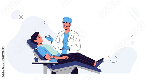 Dentist Talking to Patient in Dental Chair - Modern Illustration