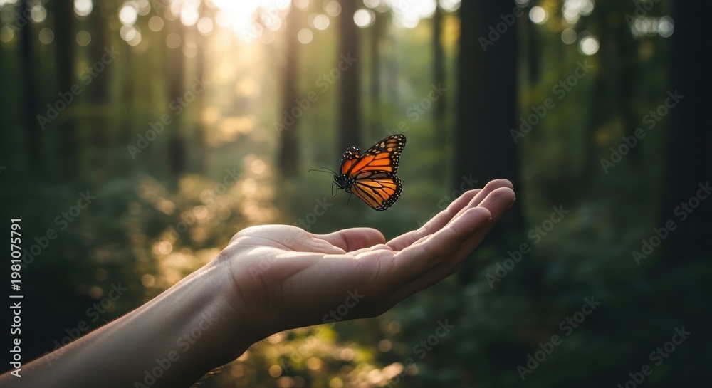 Fototapeta A monarch butterfly gently lands on a person's finger in a sun dappled forest