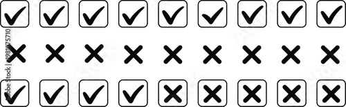 Hand Drawn Check Mark and Cross Icon Set, Sketch Style Checkbox Symbols with Tick, X, Right and Wrong Marks, Brush Marker Checklist Elements for To Do Lists, UI Design, and Approval Concepts